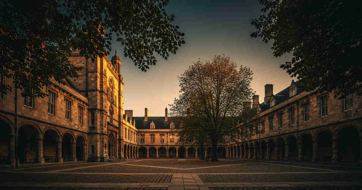 Historic European university quad with tall stone buildings and arched doorways in warm late afternoon light