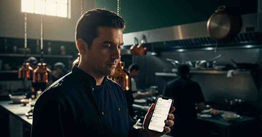 Restaurant owner in Latin America managing customer chat messages on a smartphone
