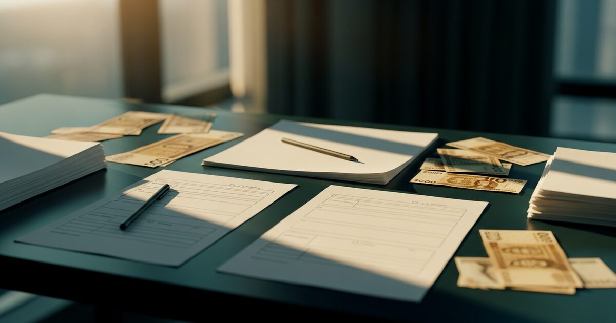 Organized tax desk with foreign currency notes and blank filing forms in natural light