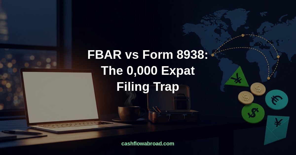 US expat reviewing foreign bank account statements at a laptop abroad
