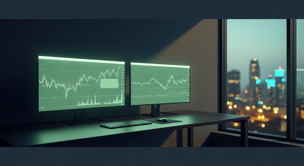 Modern trading desk with dual portfolio monitors in a bright financial office overlooking a city