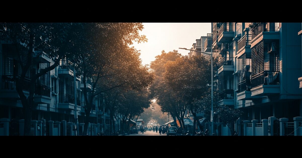 Tree-lined residential street in a modern Indian city neighborhood in warm afternoon light