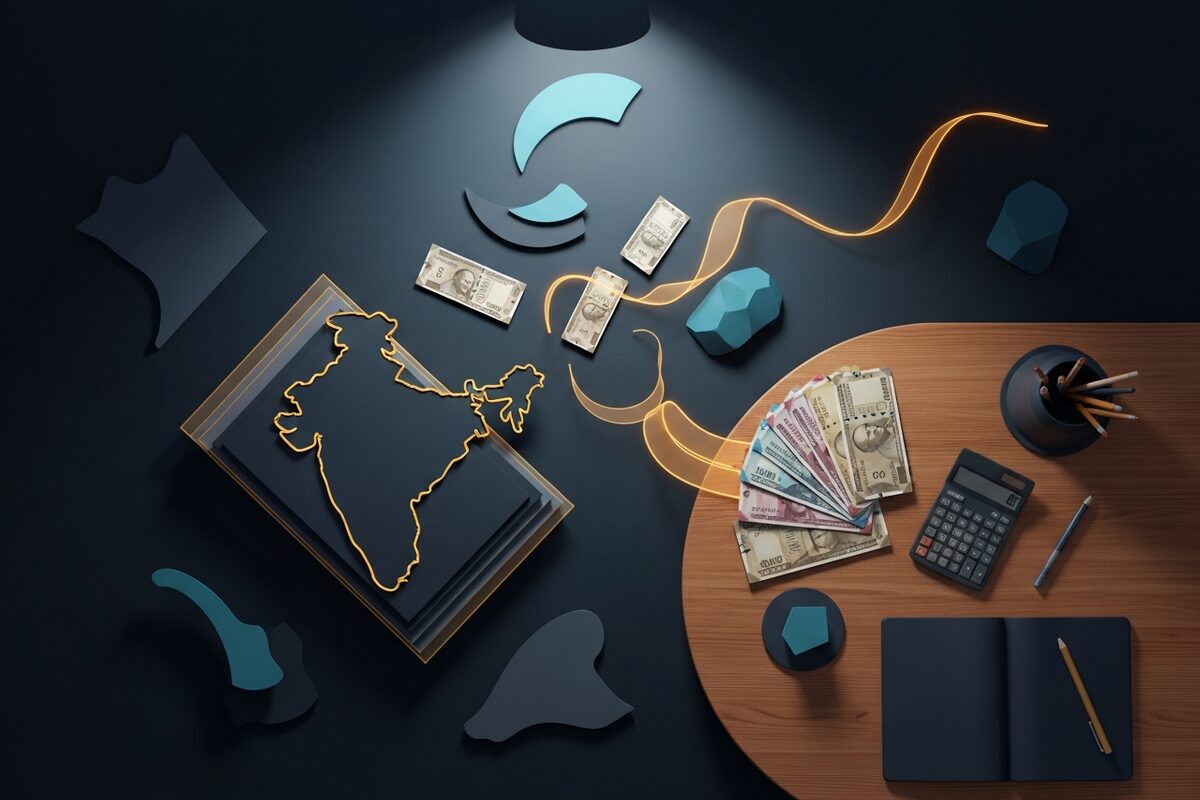 Mixed currency banknotes spread on a desk beside a small calculator for cost comparison