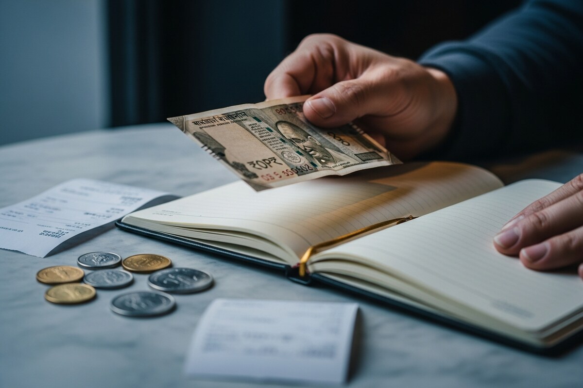 Hand holding a banknote over a notebook with coins on a cafe table