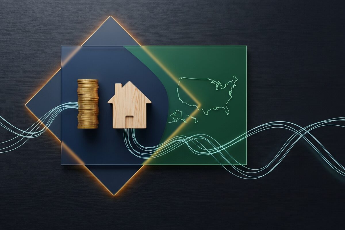 Miniature wooden house models beside stacked coins on dark wooden surface overhead view