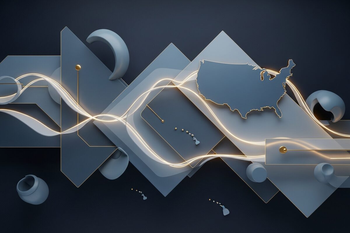 Abstract glowing network nodes representing AI voice call routing on dark background
