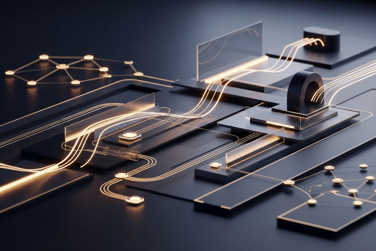 Abstract glowing network nodes representing automated review data pipeline on dark slate background