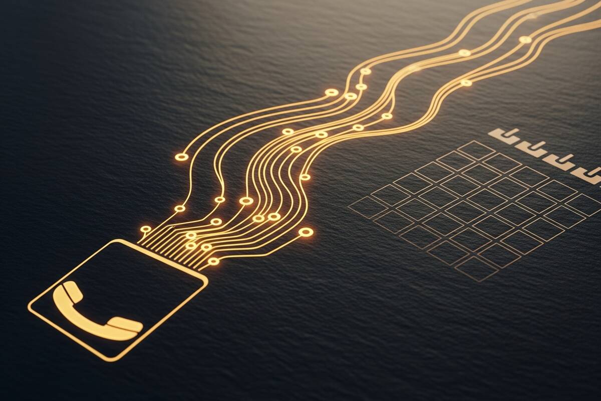 Abstract glowing diagram of AI call routing workflow connecting incoming phone call to calendar booking