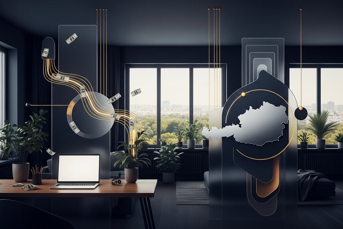 modern European apartment home office with city park view and laptop for expat remote work