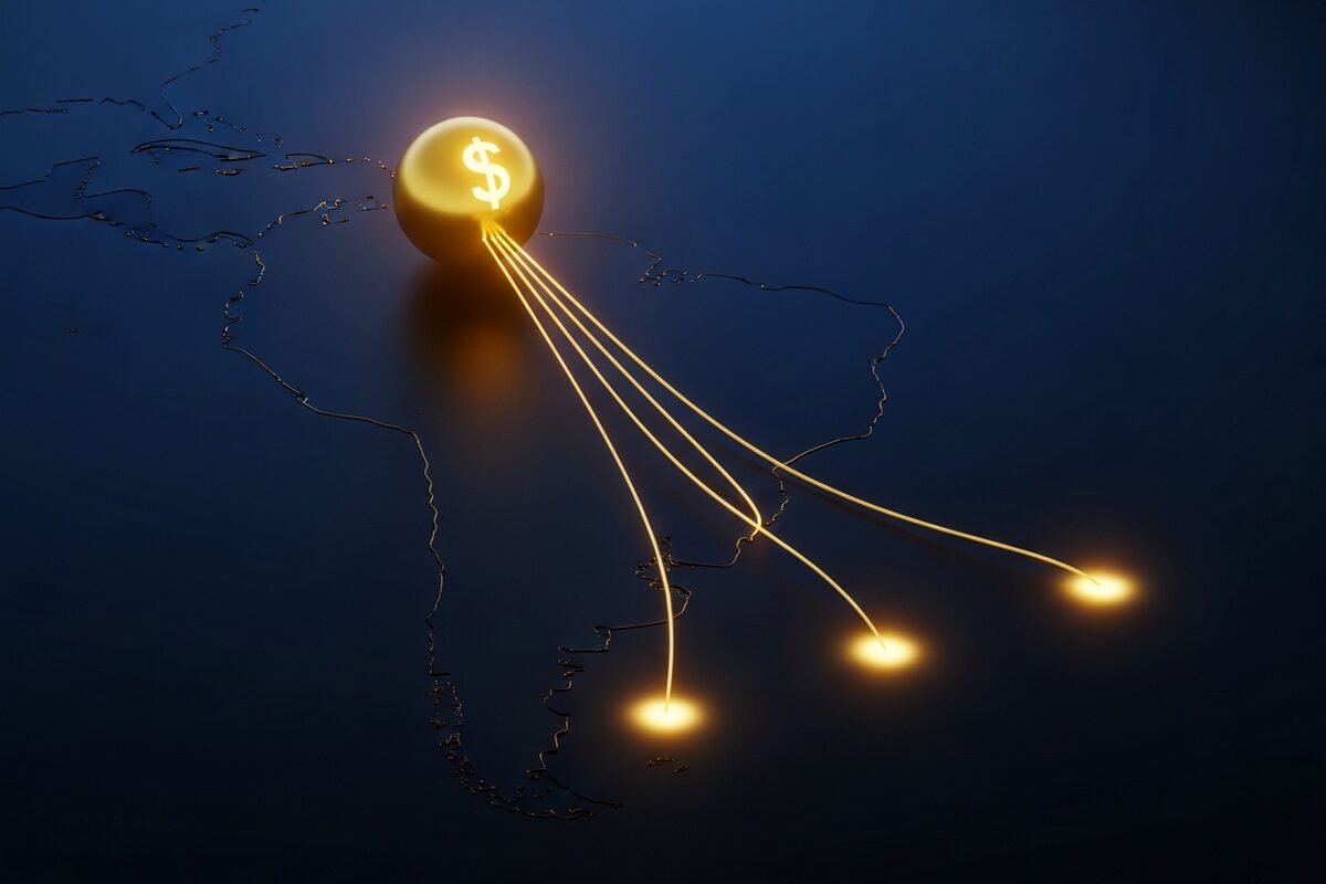 Abstract image of one bright orb splitting into four glowing streams settling into four pools of light