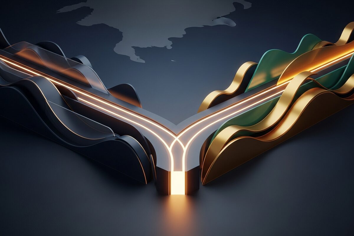 Abstract branching decision path in deep navy and gold showing two distinct routes forward