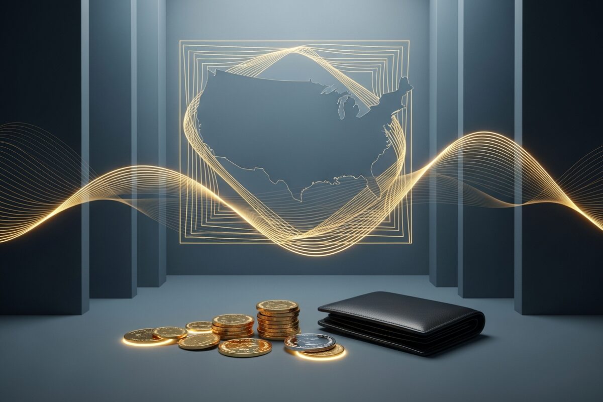 Brass balance scale with polished coin stacks weighing options on stone surface