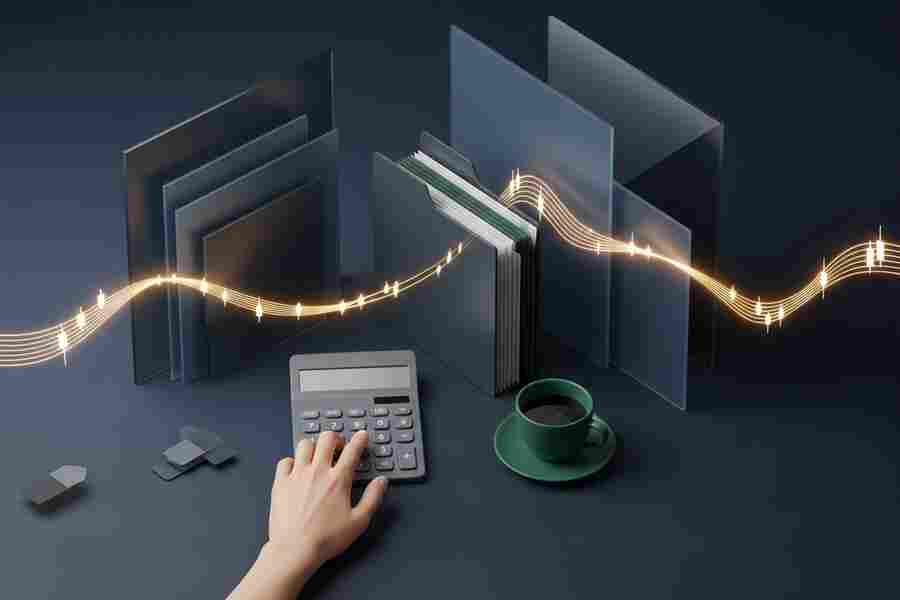 Fingers resting on a desktop calculator beside a closed accordion file folder and coffee cup