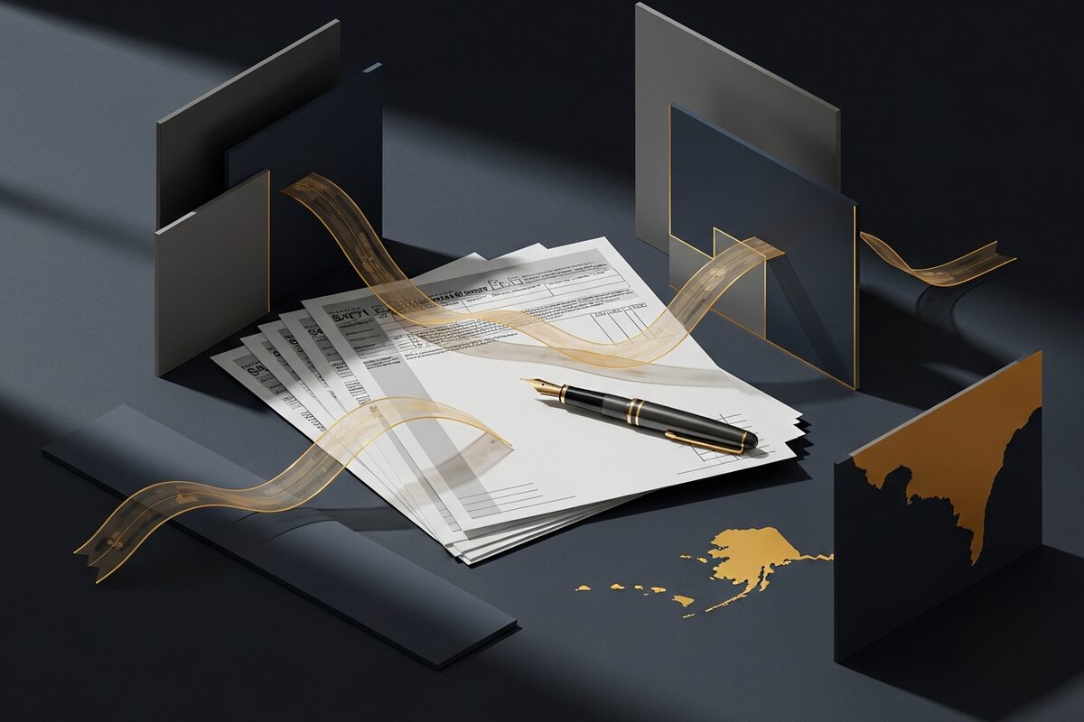 Stack of blank government forms fanned on dark slate with fountain pen in natural light