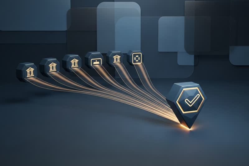 Abstract visualization of multiple foreign bank accounts linked to a single compliance checkpoint
