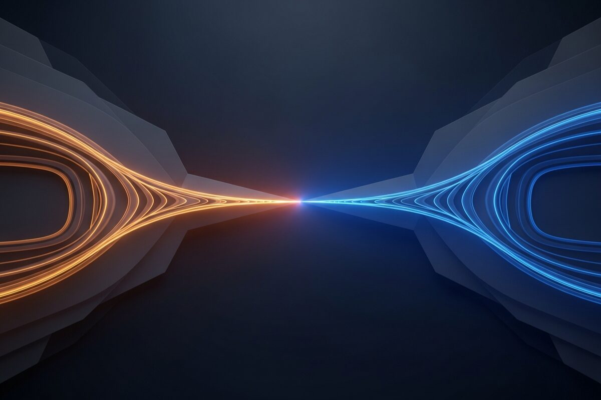 Abstract dual pathway diagram showing two reporting tracks converging at one destination