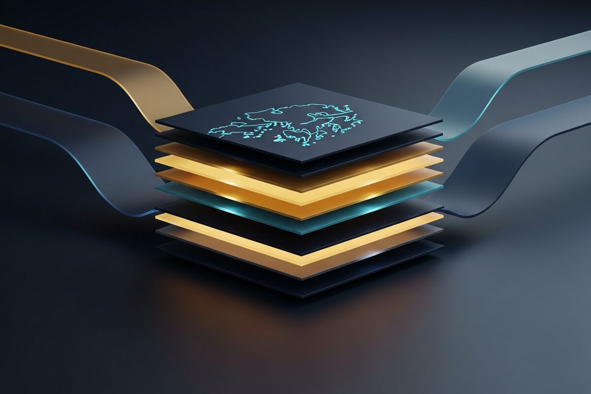 Abstract stacked translucent gold and navy planes representing layered financial tax zones