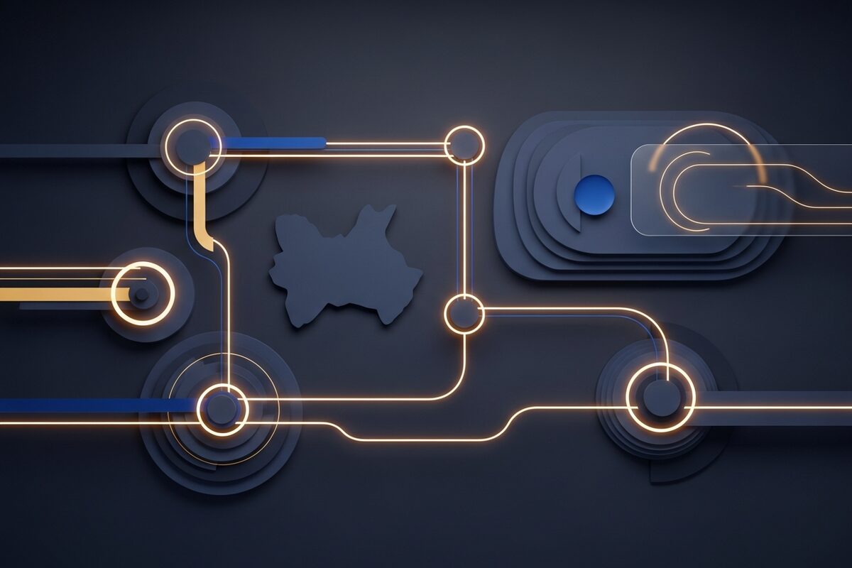 Abstract glowing workflow nodes and flow lines on dark surface representing automation connections