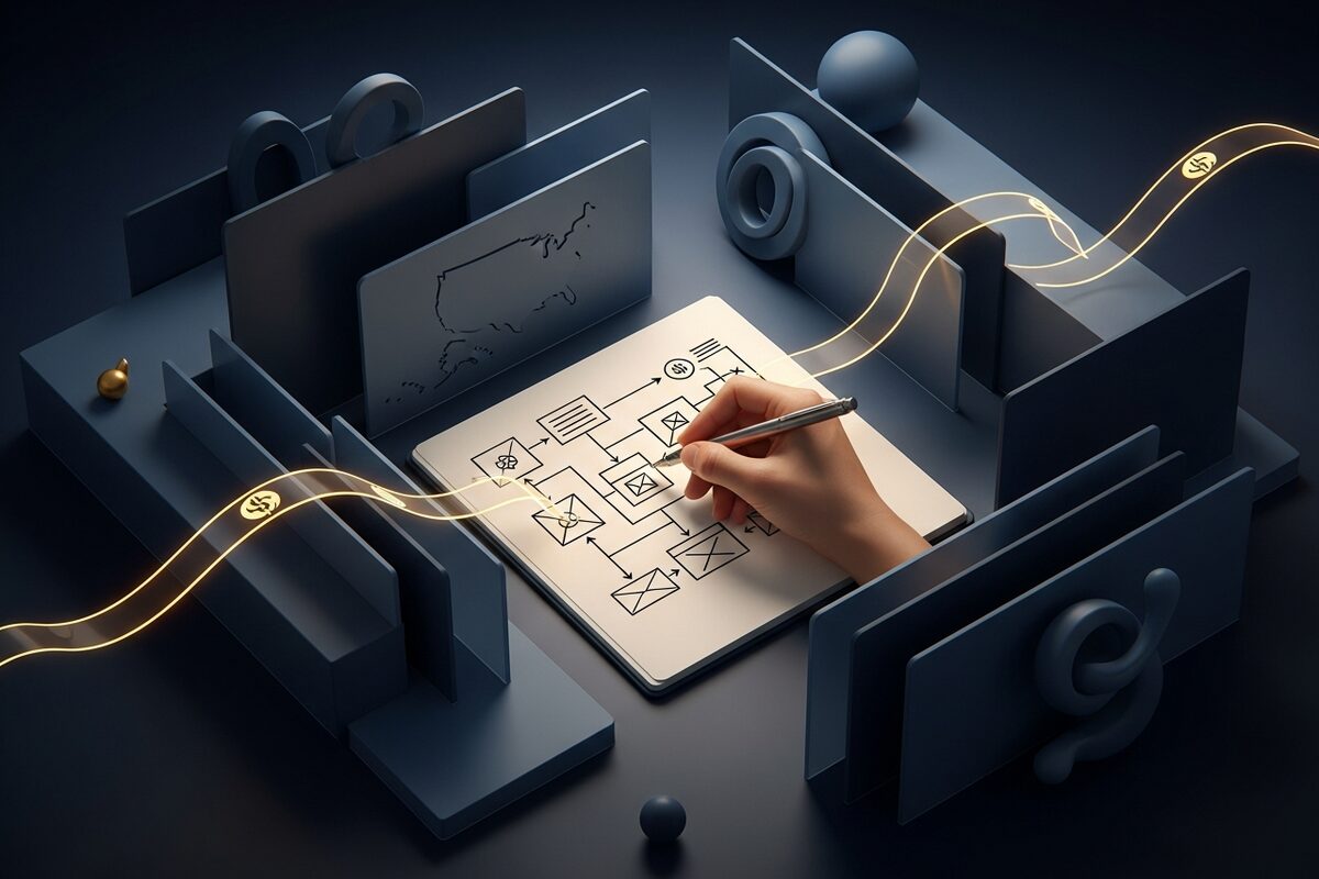Hand drawing workflow diagram arrows between boxes in a spiral-bound notebook with fine-tip pen