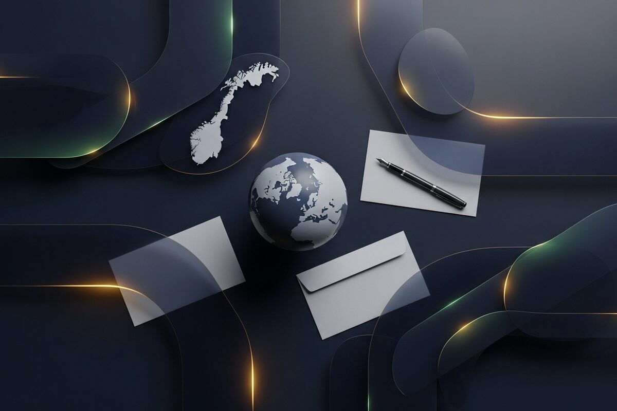Overhead view of globe, envelopes, and fountain pen arranged on a pale wood desk