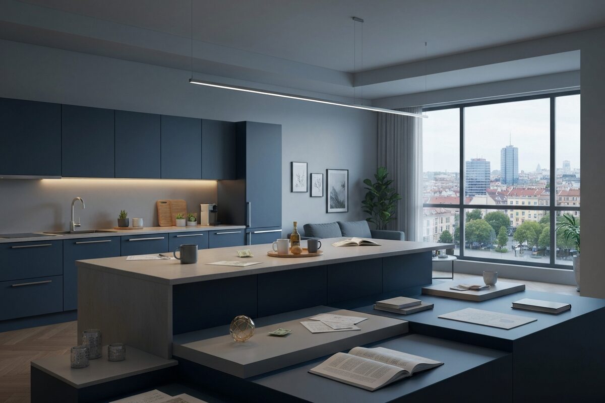 modern Bratislava apartment interior with city skyline visible through large windows representing the quality of expat housing available in Slovakia