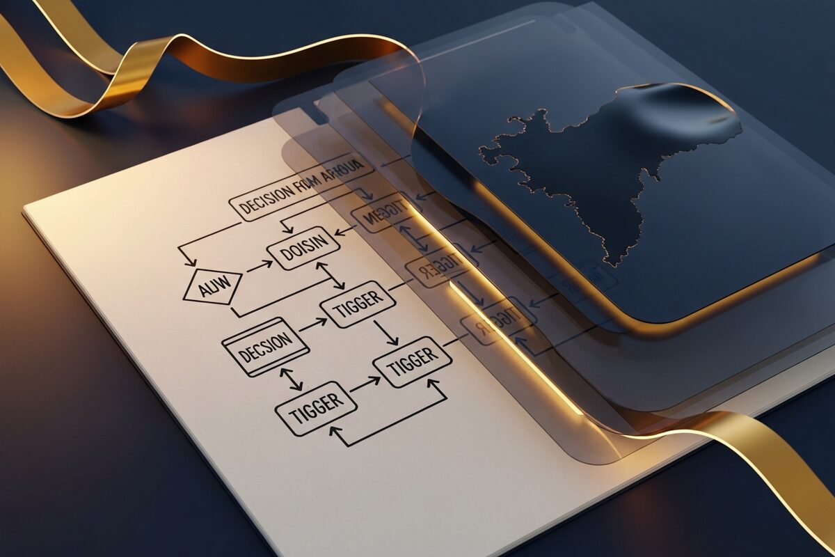 Hand-drawn decision node diagram in ink on cream notebook paper with amber light
