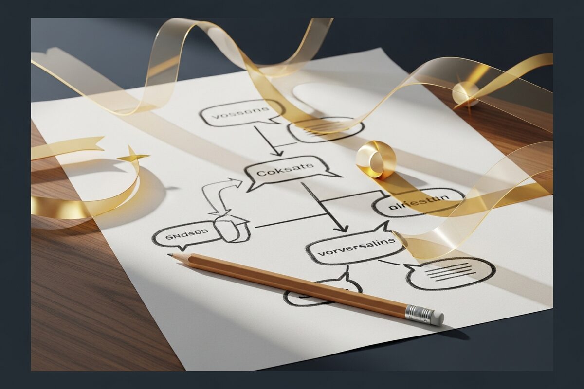 Hand-drawn conversation flowchart on paper showing a bookkeeping workflow with branching steps