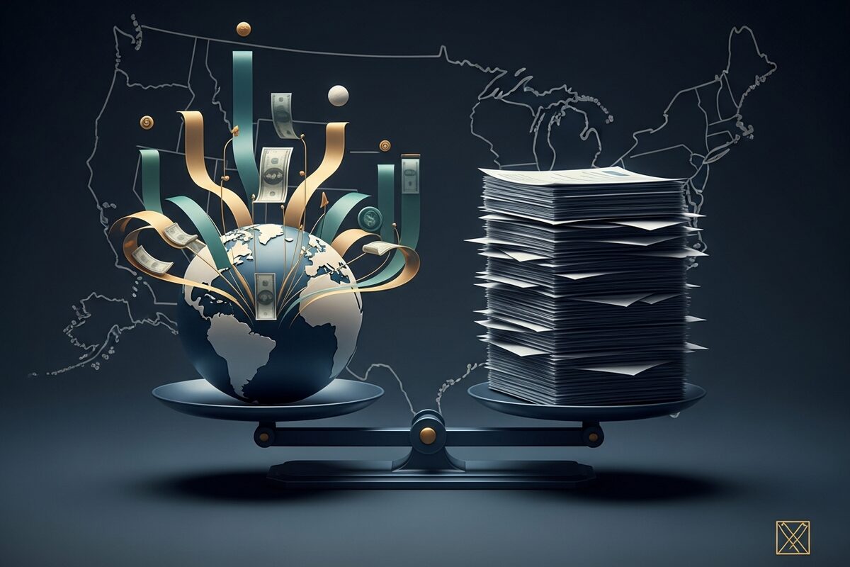 Globe balanced on tax documents representing the weight of US expatriation tax obligations