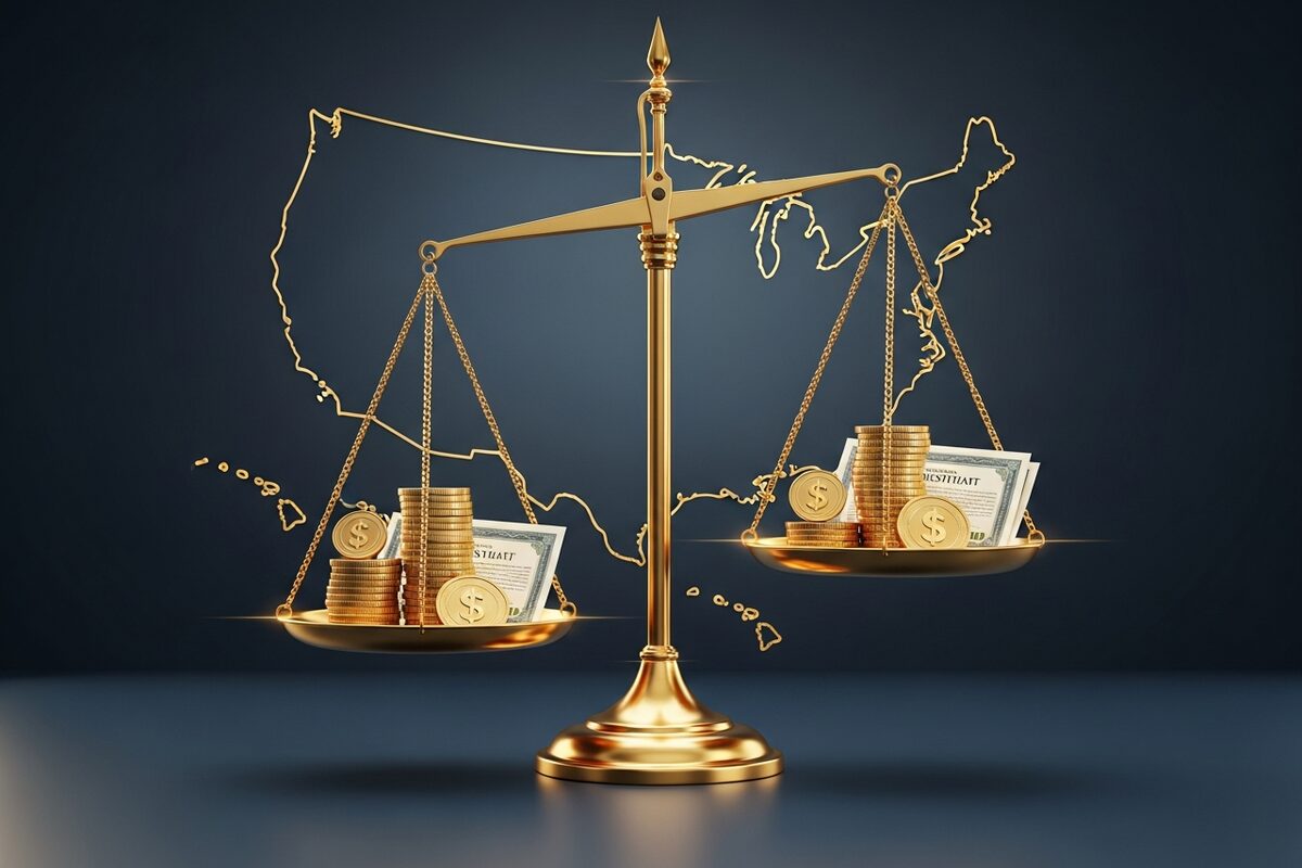 Gold balance scale weighing assets and investment certificates for exit tax planning