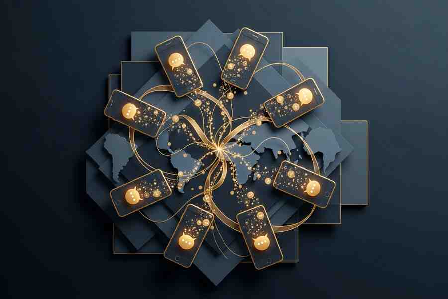 Glowing network of automated chat messages flowing between multiple mobile devices