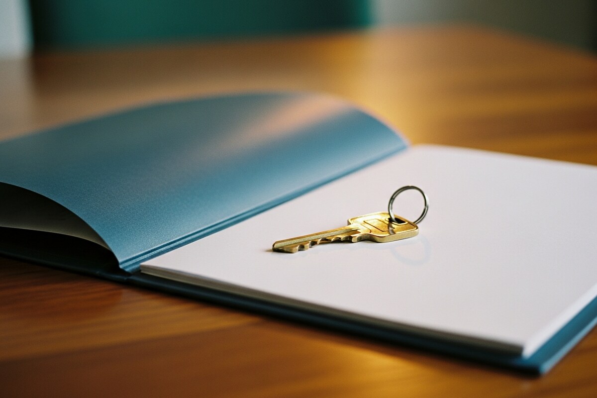 Brass door key resting on open real estate document folder on polished table