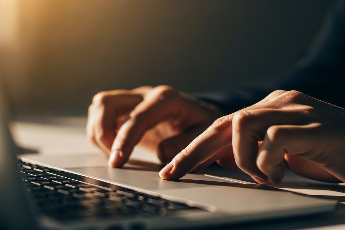 Close-up of hands navigating a laptop trackpad while managing an AI real estate content pipeline