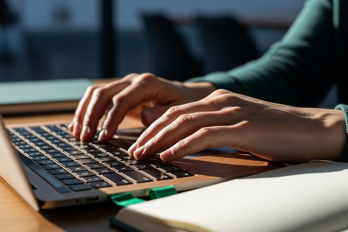 Expat remote operator typing on laptop beside travel journal in sunlit co-working space