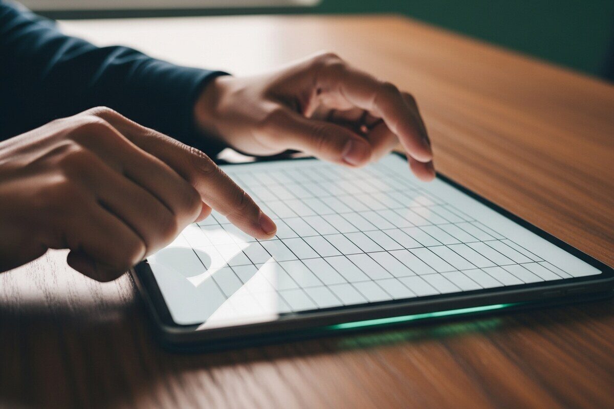Hands reviewing a structured niche directory database on a tablet at a warm wood desk