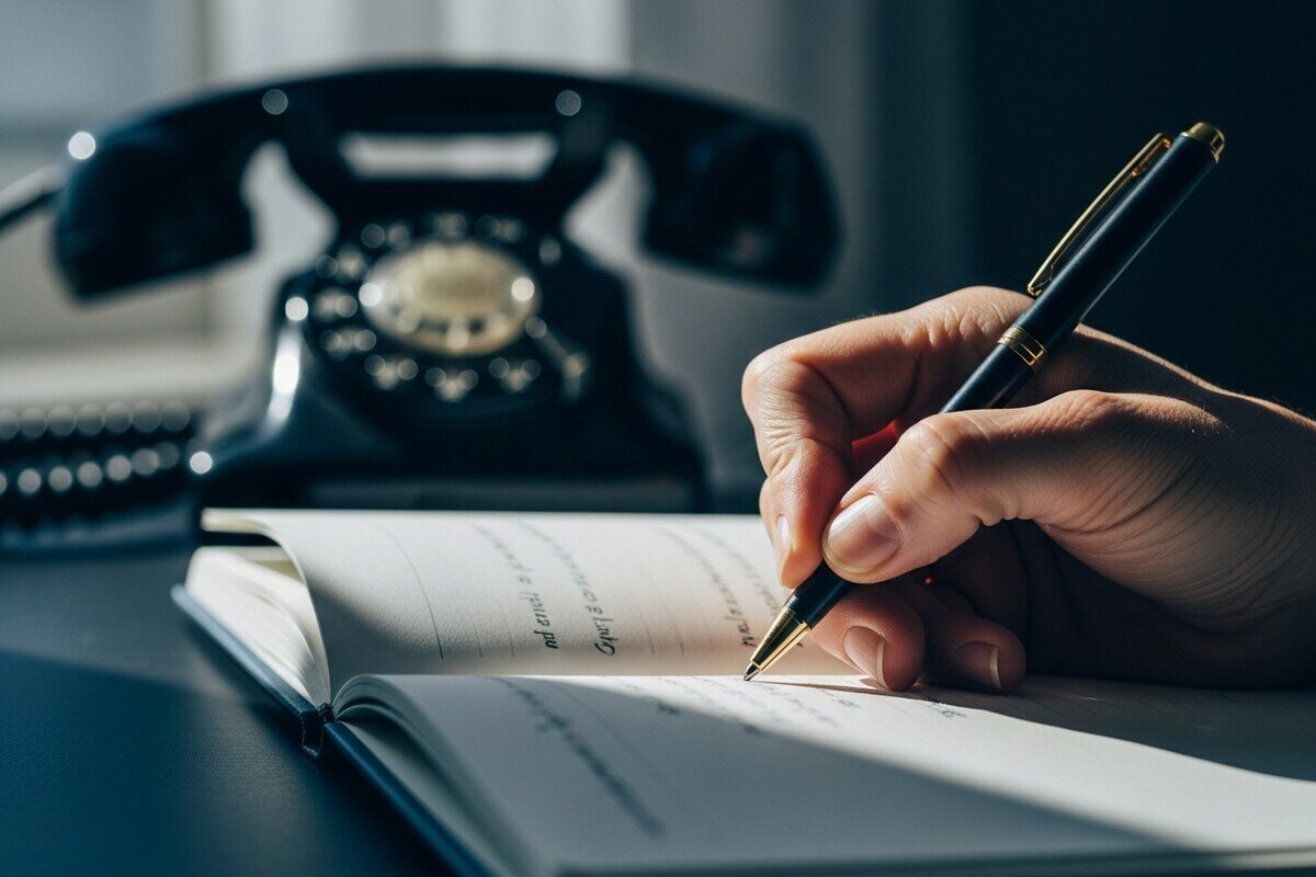 hand writing notes in notebook with telephone receiver softly blurred in background