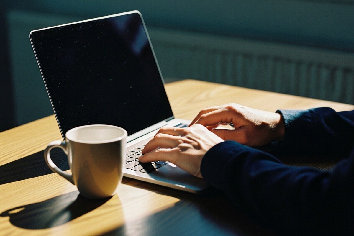 Hands typing on laptop keyboard at wooden desk beside coffee mug in warm morning light
