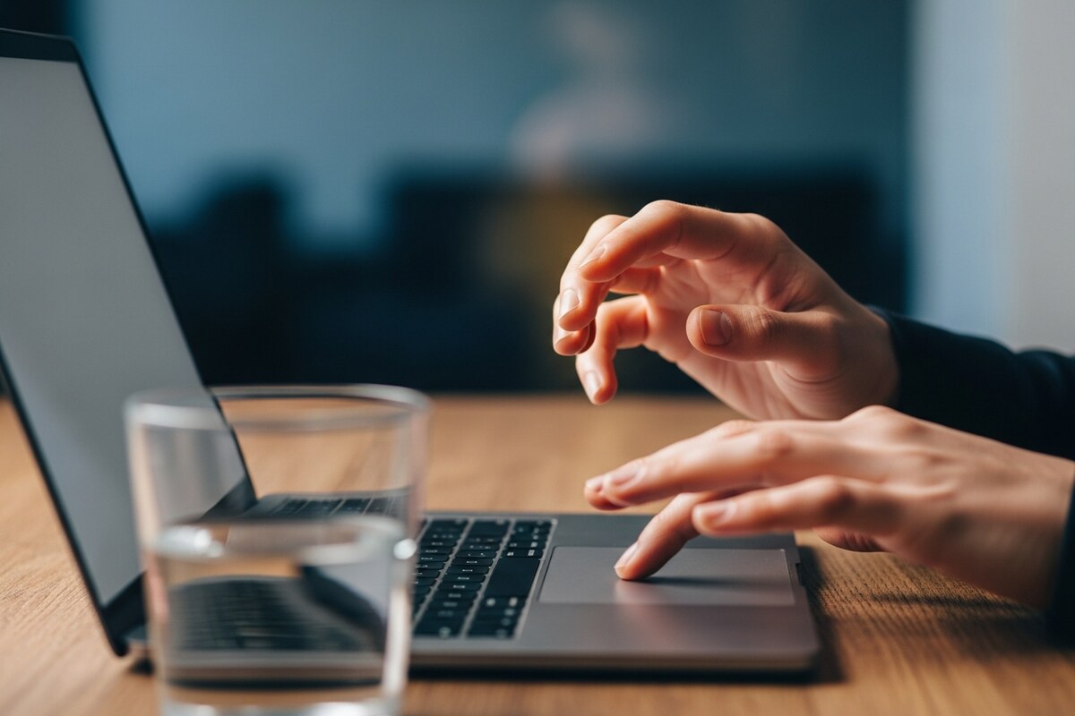 close-up of fingers over laptop trackpad at wooden desk representing remote client work