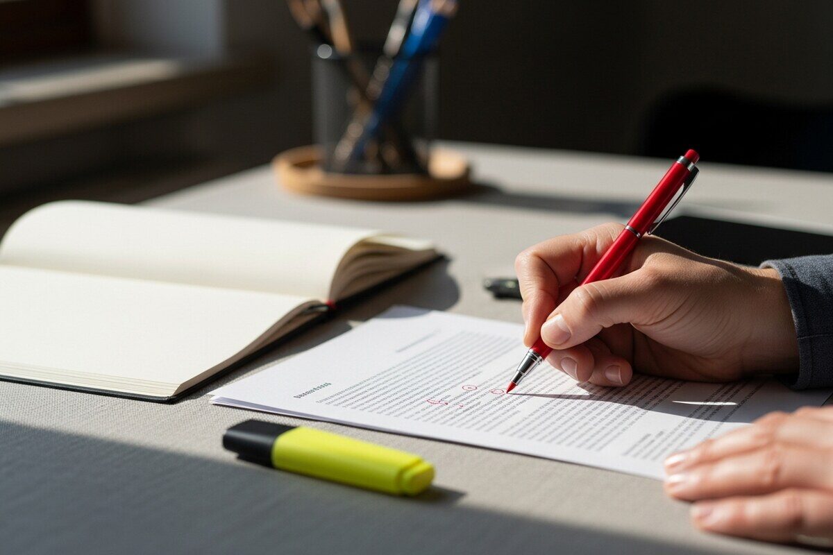 Hand marking corrections on a printed document page with red pen and yellow highlighter