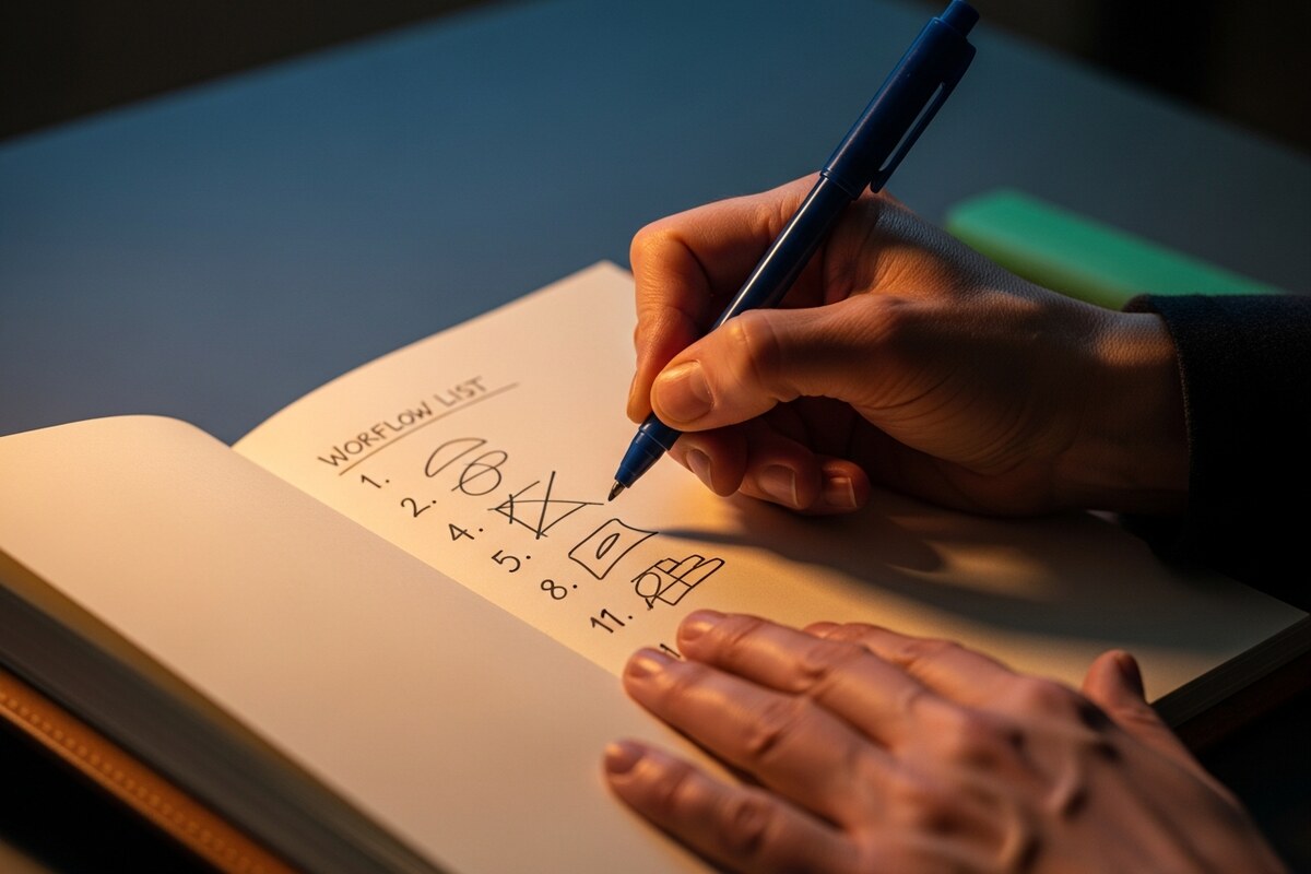 Hands writing in leather journal planning an AI voice agent client onboarding workflow on desk