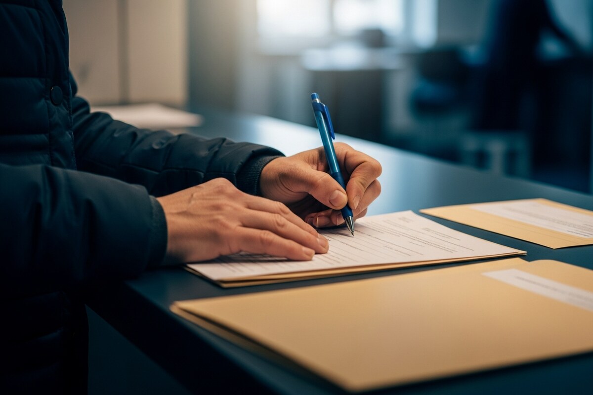 hand completing residence permit paperwork at an official counter with folder and pen