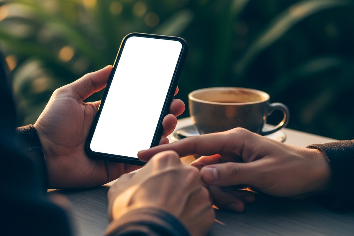 Close-up of hands holding a smartphone at a sunny outdoor cafe table beside a coffee cup