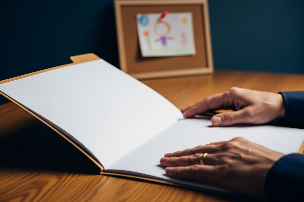Parent hands resting beside an open folder on a wooden desk, a child artwork blurred in background