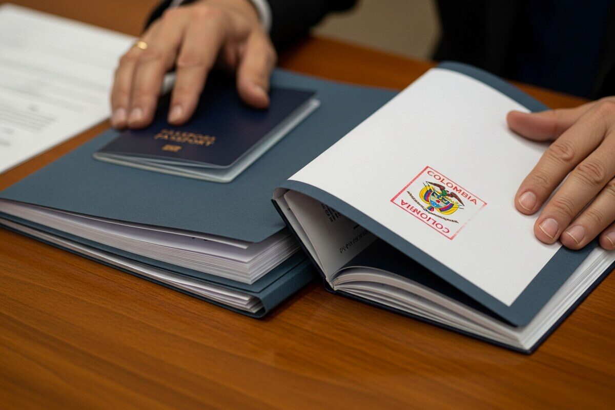 Hands arranging official document folders and passport on a wooden desk