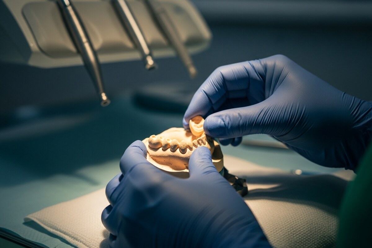 Gloved hands placing a dental crown on a plaster model in warm side light