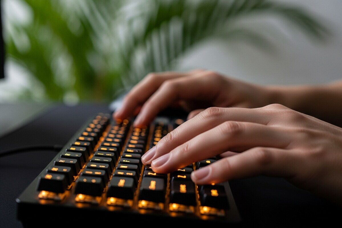 close view of hands on mechanical keyboard representing remote Discord AI bot developer at work