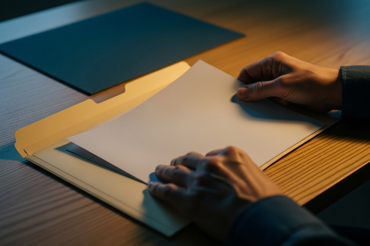 Hands filing a blank document into manila folder representing disability insurance paperwork organization