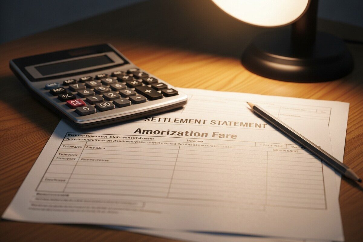 Closing cost settlement worksheet beside calculator on wooden desk for home sale tax calculation
