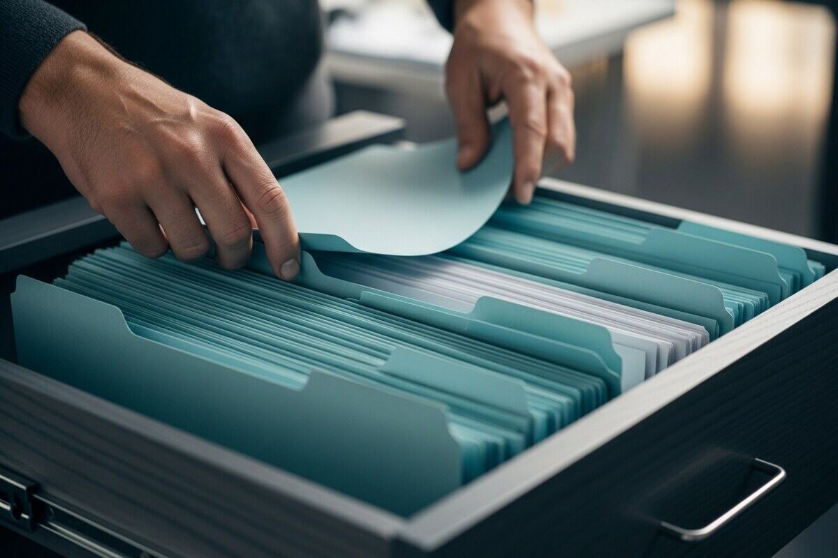 Hands carefully organizing file folders into wooden document drawer from above