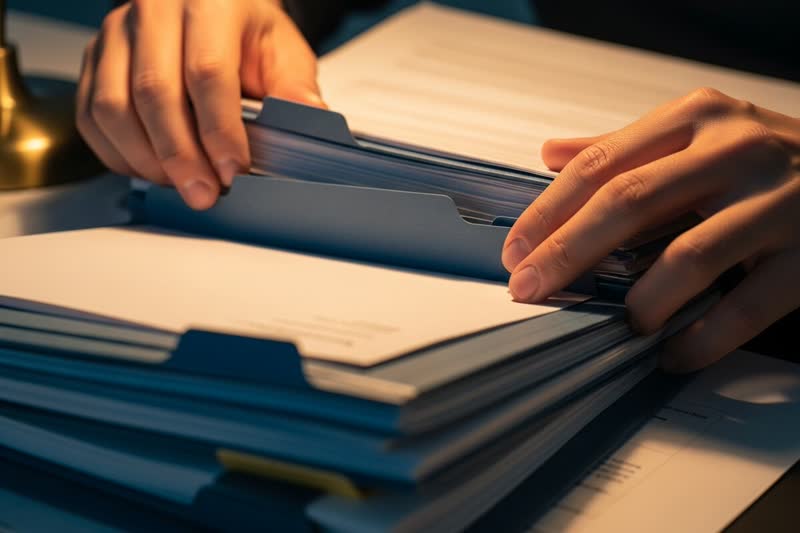 Hands sorting through stacked financial folders and documents on a desk