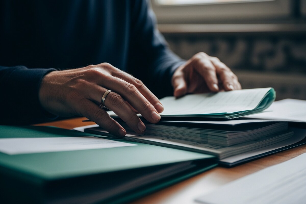Hands sorting foreign bank account documents and folders for annual compliance filing
